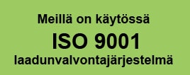 Meillä on käytössä ISO 9001 -laadunvalvontajärjestelmä -logo